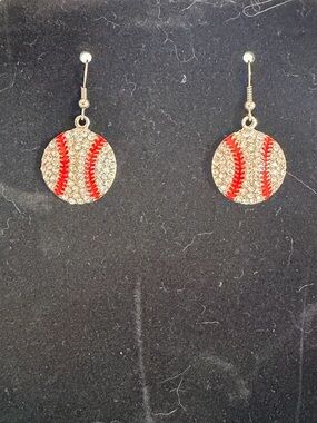 Rhinestone Baseball Dangle Earrings - Red and white